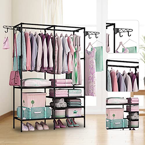 Moclever Garment Racks For Hanging Clothes, Freestanding Closet Wardrobe 66x42x14in, Clothing Shoe Organizer With 6 Shelves For Bedroom