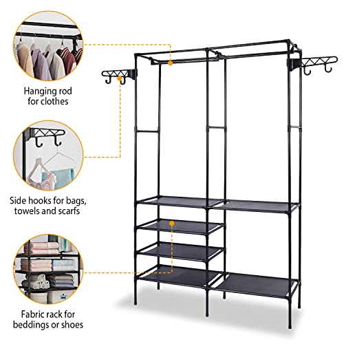 Moclever Garment Racks For Hanging Clothes, Freestanding Closet Wardrobe 66x42x14in, Clothing Shoe Organizer With 6 Shelves For Bedroom