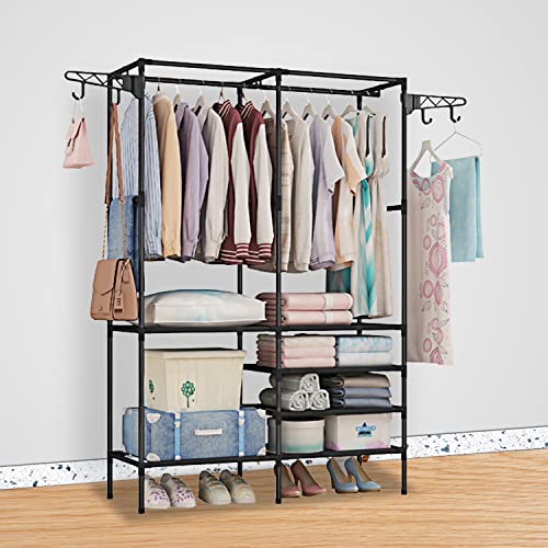 Moclever Garment Racks For Hanging Clothes, Freestanding Closet Wardrobe 66x42x14in, Clothing Shoe Organizer With 6 Shelves For Bedroom