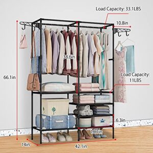 Moclever Garment Racks For Hanging Clothes, Freestanding Closet Wardrobe 66x42x14in, Clothing Shoe Organizer With 6 Shelves For Bedroom