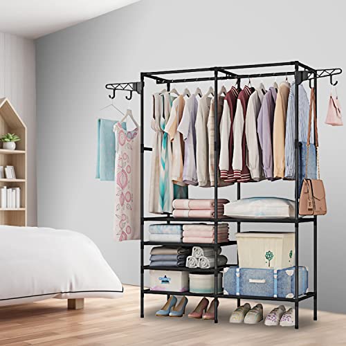 Moclever Garment Racks For Hanging Clothes, Freestanding Closet Wardrobe 66x42x14in, Clothing Shoe Organizer With 6 Shelves For Bedroom