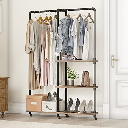 MAIKAILUN Industrial Clothing Rack, Heavy Duty Clothes Rack With Shelves, Freestanding Rolling Garment Rack for Hanging Clothes, Standing Portable Metal Closet Organizer, Coat Rack (BLACK)