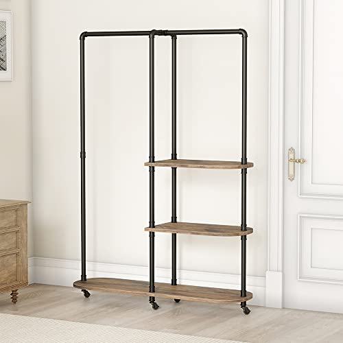 MAIKAILUN Industrial Clothing Rack, Heavy Duty Clothes Rack With Shelves, Freestanding Rolling Garment Rack for Hanging Clothes, Standing Portable Metal Closet Organizer, Coat Rack (BLACK)