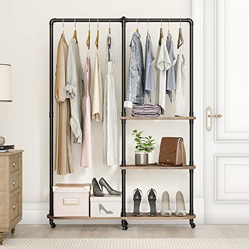 MAIKAILUN Industrial Clothing Rack, Heavy Duty Clothes Rack With Shelves, Freestanding Rolling Garment Rack for Hanging Clothes, Standing Portable Metal Closet Organizer, Coat Rack (BLACK)