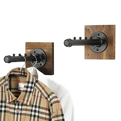 MyGift Wall Mounted Garment Hanger, Industrial Style Burnt Wood and Black Metal Pipe 4-Slot Clothing Wall Rack, Valet Bar, Set of 2