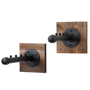 MyGift Wall Mounted Garment Hanger, Industrial Style Burnt Wood and Black Metal Pipe 4-Slot Clothing Wall Rack, Valet Bar, Set of 2