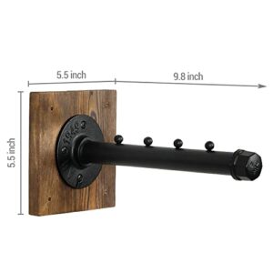 MyGift Wall Mounted Garment Hanger, Industrial Style Burnt Wood and Black Metal Pipe 4-Slot Clothing Wall Rack, Valet Bar, Set of 2