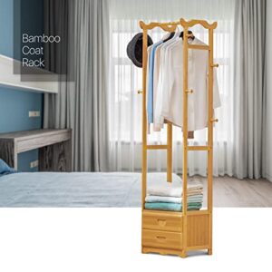 MoNiBloom Bamboo Freestanding Garment Rack with Drawers and Hooks, Tall Clothes Racks Clothing Storage Shelving Unit for Bedroom Laundry Room Guest Room, Natural