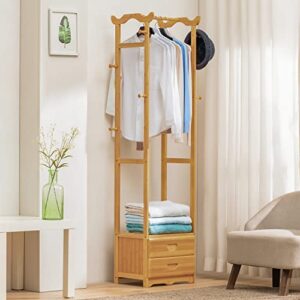 MoNiBloom Bamboo Freestanding Garment Rack with Drawers and Hooks, Tall Clothes Racks Clothing Storage Shelving Unit for Bedroom Laundry Room Guest Room, Natural