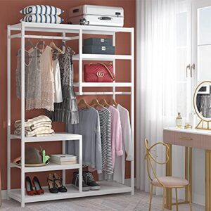 tribesigns free-standing closet organizer with 2 hanging rod, garment rack with 5 storage shelves for bedroom (all white)