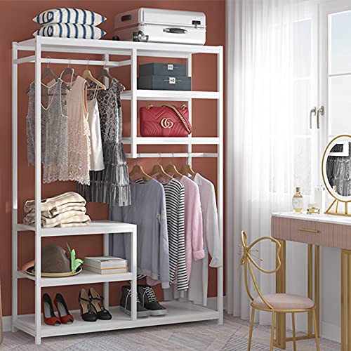 Tribesigns Free-standing Closet Organizer with 2 Hanging Rod, Garment Rack with 5 Storage Shelves for Bedroom (All White)