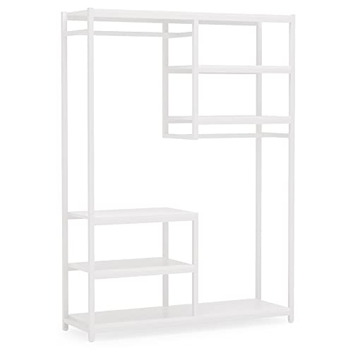 Tribesigns Free-standing Closet Organizer with 2 Hanging Rod, Garment Rack with 5 Storage Shelves for Bedroom (All White)