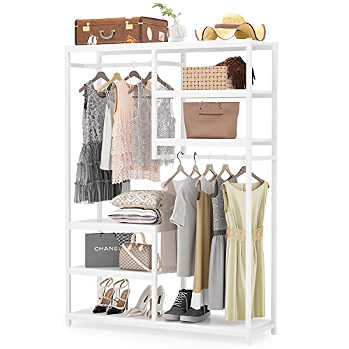 Tribesigns Free-standing Closet Organizer with 2 Hanging Rod, Garment Rack with 5 Storage Shelves for Bedroom (All White)