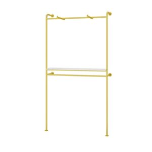 FURVOKIA Creative Wall Mounted 2 Tier Clothes Display Rack,Clothing Retail Store Floor-Standing Garment Rack,Organization Clothing Metal Hanging Rod,Storage Shoes Bags Shelf (47.2" L, Gold with Wood)