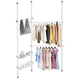 tangkula double 2 tier adjustable closet system, floor to ceiling clothes hanger with 2 storage baskets & inner spring, clothing garment rack telescopic closet organizer for living room, bedroom