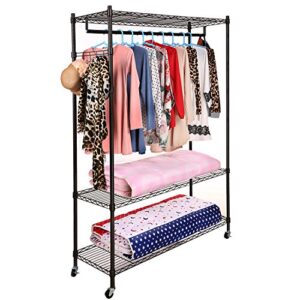 modrine clothing rolling rack, 3 tiers heavy duty garment rack, with lockable wheels, 2 side hooks and 1 clothes rod (black)