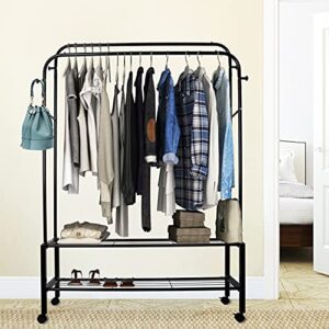 befacai Clothing Garment Rack with Shelves, Upgraded Length Cloth Hanger Rack Stand on Wheels, Clothes Drying Rack with Two Rod