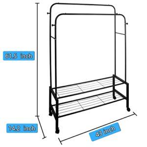 befacai Clothing Garment Rack with Shelves, Upgraded Length Cloth Hanger Rack Stand on Wheels, Clothes Drying Rack with Two Rod