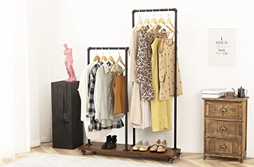 GIMHAI HOME Industrial Heavy Duty Hanging clothes Rack,Pipe Double Rod Garment Rack with Wheels - Parent-child Rolling Clothing Rack – Steampunk Clothes Racks for Hanging Clothes