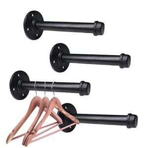 3/4" Industrial Pipe Wall Mounted Clothing Rack, Heavy Duty Rustic Vintage Black Metal Garment Bracket Frame, Residential Wardrobe or Commercial Clothes Display (4Pack, 8”Brackets)