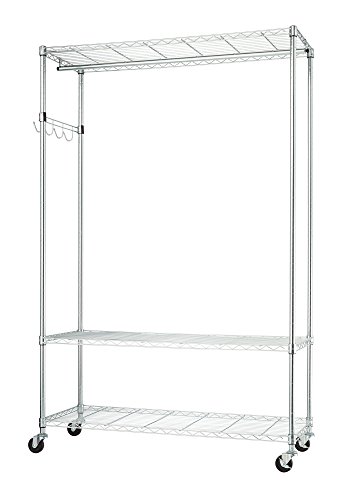 TRINITY EcoStorage Rolling Garment Rack with Shelves Hooks for Clothing Storage for Bedroom, Closet Organization, Entryway, and More, Chrome, 48” W x 18” D x 75.7” H