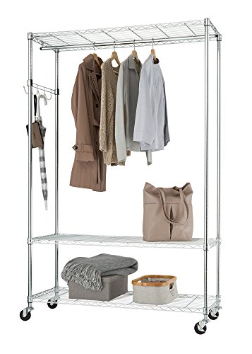 TRINITY EcoStorage Rolling Garment Rack with Shelves Hooks for Clothing Storage for Bedroom, Closet Organization, Entryway, and More, Chrome, 48” W x 18” D x 75.7” H