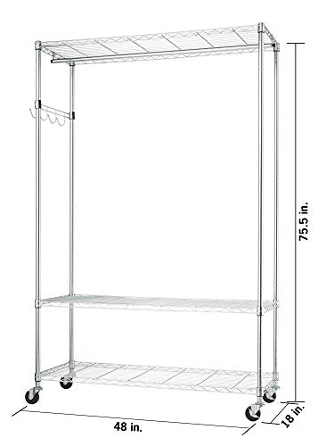 TRINITY EcoStorage Rolling Garment Rack with Shelves Hooks for Clothing Storage for Bedroom, Closet Organization, Entryway, and More, Chrome, 48” W x 18” D x 75.7” H