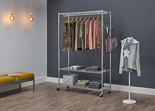 TRINITY EcoStorage Rolling Garment Rack with Shelves Hooks for Clothing Storage for Bedroom, Closet Organization, Entryway, and More, Chrome, 48” W x 18” D x 75.7” H