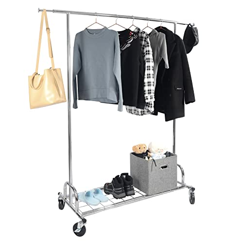 ALBOMI Adjustable Commercial Clothes Rack Heavy Duty On Lockable Wheels, Large Portable Clothing Rack For Hanging Clothes, Rolling Garment Racks With 1 Rod & Shelf For Entryway Bedroom Balcony