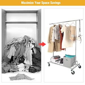 ALBOMI Adjustable Commercial Clothes Rack Heavy Duty On Lockable Wheels, Large Portable Clothing Rack For Hanging Clothes, Rolling Garment Racks With 1 Rod & Shelf For Entryway Bedroom Balcony