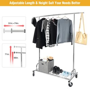 ALBOMI Adjustable Commercial Clothes Rack Heavy Duty On Lockable Wheels, Large Portable Clothing Rack For Hanging Clothes, Rolling Garment Racks With 1 Rod & Shelf For Entryway Bedroom Balcony