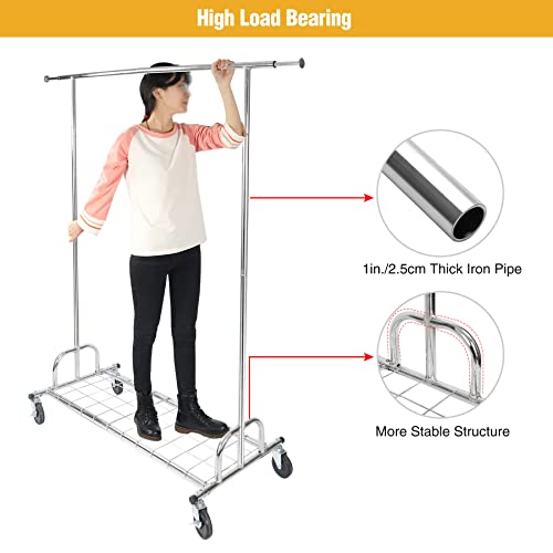 ALBOMI Adjustable Commercial Clothes Rack Heavy Duty On Lockable Wheels, Large Portable Clothing Rack For Hanging Clothes, Rolling Garment Racks With 1 Rod & Shelf For Entryway Bedroom Balcony
