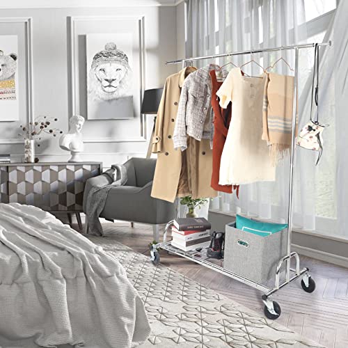 ALBOMI Adjustable Commercial Clothes Rack Heavy Duty On Lockable Wheels, Large Portable Clothing Rack For Hanging Clothes, Rolling Garment Racks With 1 Rod & Shelf For Entryway Bedroom Balcony
