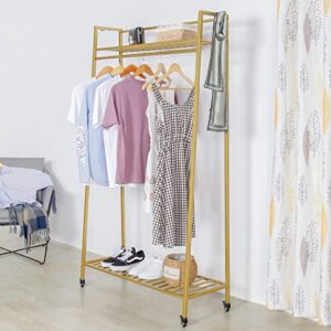 rzgy clothes rack portable extra garment rack with wheels & shelves, metal rolling clothing rack for hanging clothes, sturdy organizer for clothes, gold