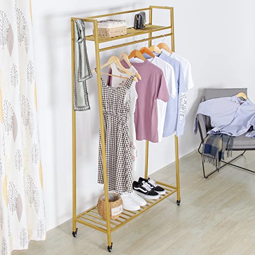 RZGY Clothes Rack Portable Extra Garment Rack with Wheels & Shelves, Metal Rolling Clothing Rack for Hanging Clothes, Sturdy Organizer for Clothes, Gold