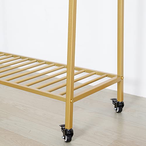 RZGY Clothes Rack Portable Extra Garment Rack with Wheels & Shelves, Metal Rolling Clothing Rack for Hanging Clothes, Sturdy Organizer for Clothes, Gold