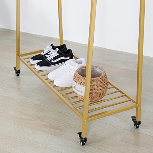 RZGY Clothes Rack Portable Extra Garment Rack with Wheels & Shelves, Metal Rolling Clothing Rack for Hanging Clothes, Sturdy Organizer for Clothes, Gold