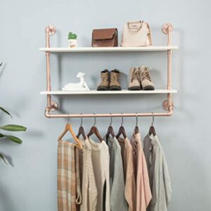 FOF FRIEND OF FAMILY Industrial Pipe Garment Rack with Double Tier shelves, Wall Mounted Clothes Rod for Clothing Storage, Rose Gold&White Color, 40" Wide