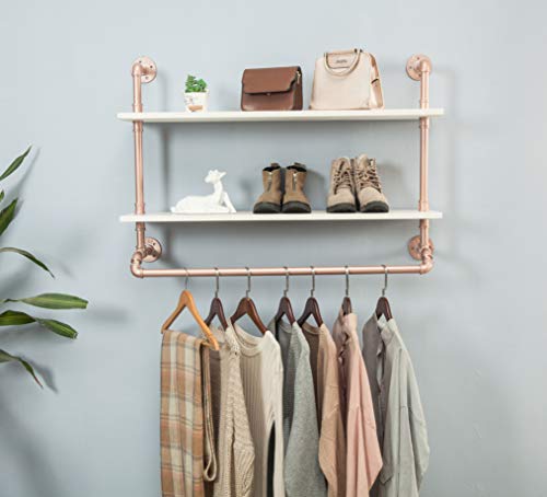 FOF FRIEND OF FAMILY Industrial Pipe Garment Rack with Double Tier shelves, Wall Mounted Clothes Rod for Clothing Storage, Rose Gold&White Color, 40" Wide