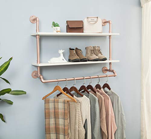 FOF FRIEND OF FAMILY Industrial Pipe Garment Rack with Double Tier shelves, Wall Mounted Clothes Rod for Clothing Storage, Rose Gold&White Color, 40" Wide