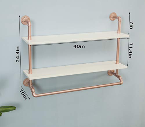 FOF FRIEND OF FAMILY Industrial Pipe Garment Rack with Double Tier shelves, Wall Mounted Clothes Rod for Clothing Storage, Rose Gold&White Color, 40" Wide