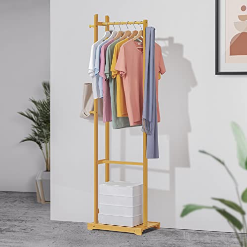 MoNiBloom Coat Rack with 6 Hooks, Bamboo Freestanding Garment Rack with Botton Shelf for Entryway Bedroom Living Room Office, Natural