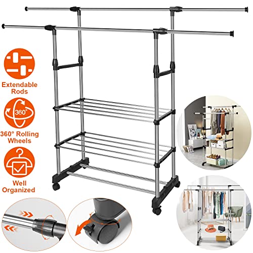 KOCASO Garment Rack with Wheels Double Rod Clothes Rack Clothing Rack with Shelves Rolling Clothes Rack