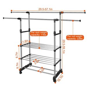 KOCASO Garment Rack with Wheels Double Rod Clothes Rack Clothing Rack with Shelves Rolling Clothes Rack