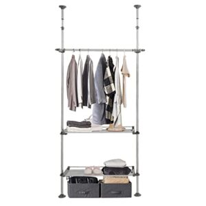 dahoomii adjustable clothes rack double tension pole garment display stand heavy duty coat jacket hanger clothing storage organizer with 2 large shelves & 1 hanging rod - grey