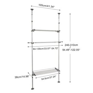 DAHOOMII Adjustable Clothes Rack Double Tension Pole Garment Display Stand Heavy Duty Coat Jacket Hanger Clothing Storage Organizer with 2 Large Shelves & 1 Hanging Rod - Grey