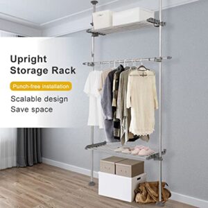 DAHOOMII Adjustable Clothes Rack Double Tension Pole Garment Display Stand Heavy Duty Coat Jacket Hanger Clothing Storage Organizer with 2 Large Shelves & 1 Hanging Rod - Grey