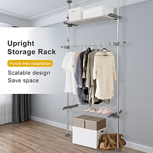 DAHOOMII Adjustable Clothes Rack Double Tension Pole Garment Display Stand Heavy Duty Coat Jacket Hanger Clothing Storage Organizer with 2 Large Shelves & 1 Hanging Rod - Grey