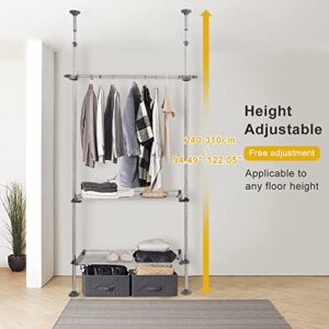 DAHOOMII Adjustable Clothes Rack Double Tension Pole Garment Display Stand Heavy Duty Coat Jacket Hanger Clothing Storage Organizer with 2 Large Shelves & 1 Hanging Rod - Grey