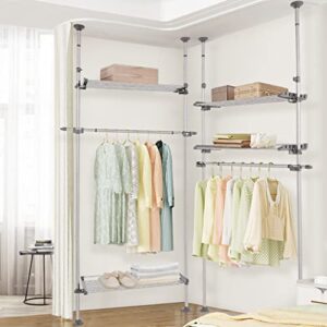 DAHOOMII Adjustable Clothes Rack Double Tension Pole Garment Display Stand Heavy Duty Coat Jacket Hanger Clothing Storage Organizer with 2 Large Shelves & 1 Hanging Rod - Grey